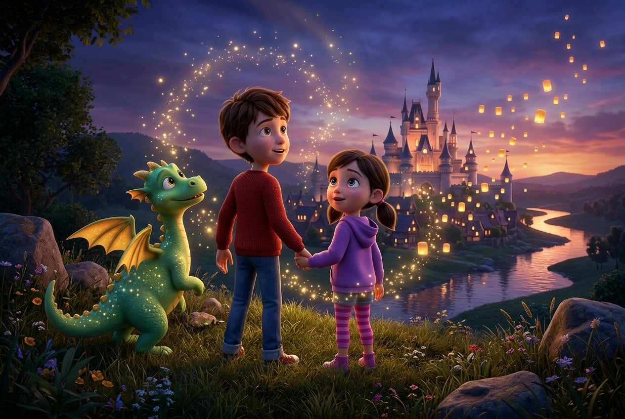 A boy and a girl with a friendly baby dragon looking out over a glowing storybook kingdom at dusk